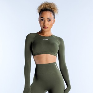 DFYNE Dynamic Long Sleeve Crop Oberteil Damen Olivgrün | 574EYHWMO